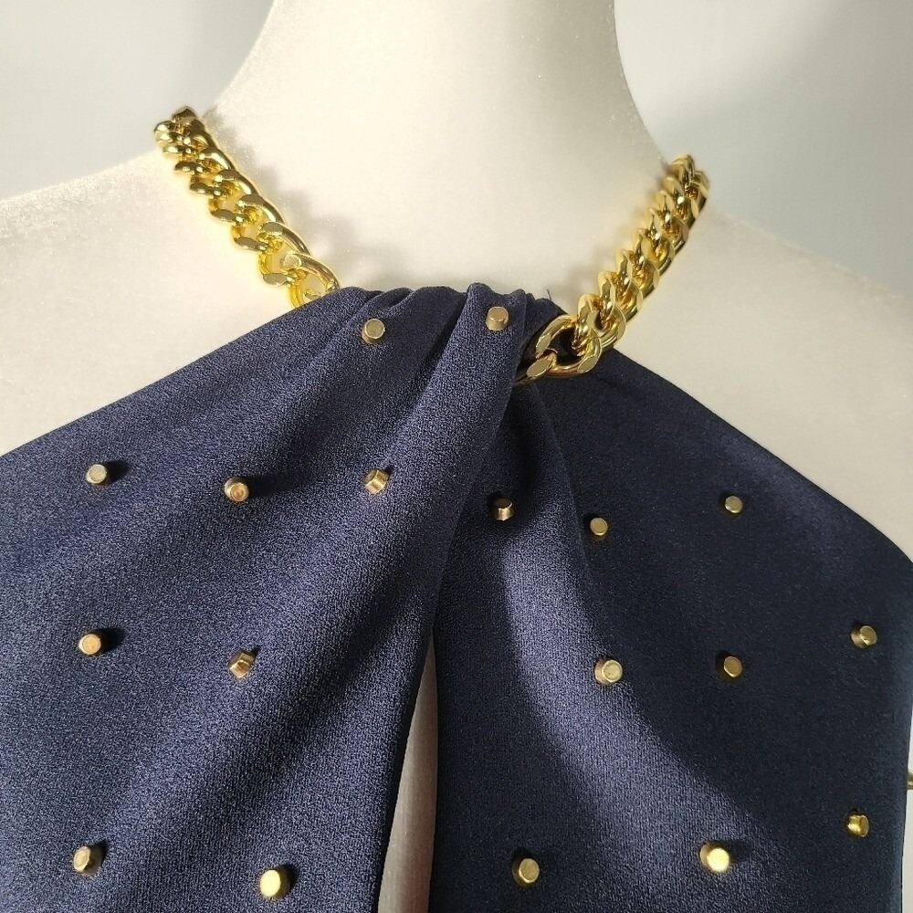 Michael Kors Navy Blue Studded Chain Halter Mini Dress Gold Hardware Large - Picture 5 of 9
